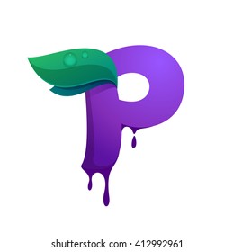 P letter logo with blueberry juice drops and leaves. Vector design template elements for your application or corporate identity.