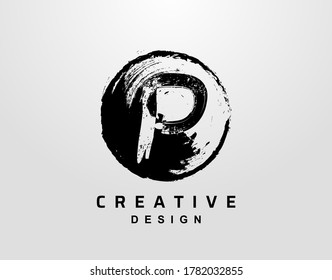 P Letter Logo With Circle Grunge Element. Retro Circle Splatter logo design template.