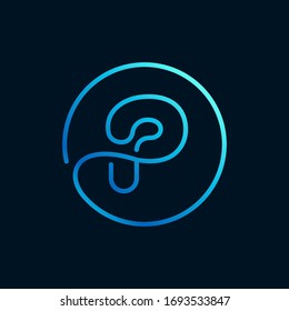 Logo de la letra P en un círculo. Estilo de línea imposible. Icono azul perfecto para etiquetas digitales, impresión de vida nocturna, publicidad de neón, etc.