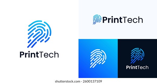 P letter logo combination with fingerprint, Information, Identification, Thumbprint, Blue gradients dotted line style design for technology, Suitable for Security, Protection, Biometric and business