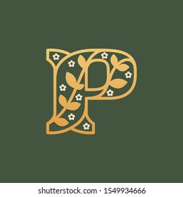 P letter logo consisting of floral pattern letters with chamomile flower. Linear classic vector font. Can be used for cosmetics, spa, beauty salon, decoration, boutique, jewelry and fashion industry.