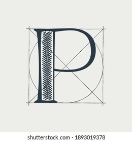 P letter logo with construction grid lines. Vector vintage serif character perfect to use in any architecture labels, boutique posters, luxury identity, etc.