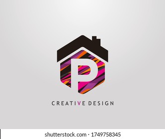 P Letter Logo. Creative hexagon house strip shape with negative space of letter P, Home Studio Icon Design.