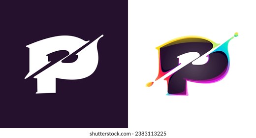 P letter logo letter with cyber distortion, color shift effect. Double exposure font. Neon glitch illusion icon. Colorful type for futuristic tech heading, music poster, vibrant sale banner.