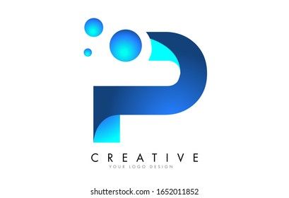 P Letter Logo Design with 3D and Ribbon Effect and Dots. Colorful rounded Letter with Blue Gradient.