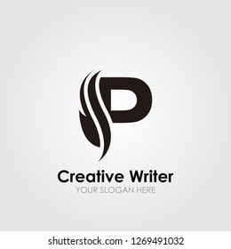 P Letter Logo design with abstract feather quill element vector illustration