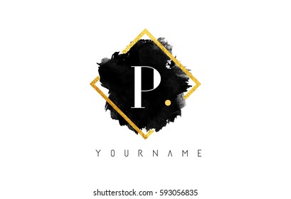 P Letter Logo Design with Black ink Stroke over Golden Square Frame.