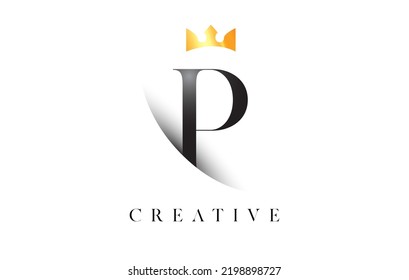 P Letter Logo Design with Golden Luxury Royal Crown Icon and Shadow Letter Vector. Serif Font p Logo Elegant Minimalist Design.