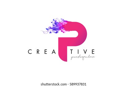 P Letter Logo Design with Ink Cloud Flowing Texture and Purple Colors.