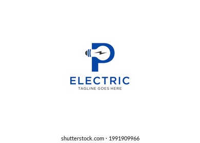 P Letter Logo Design With Light bulb and lightning bolt. Electric Bolt Letter.