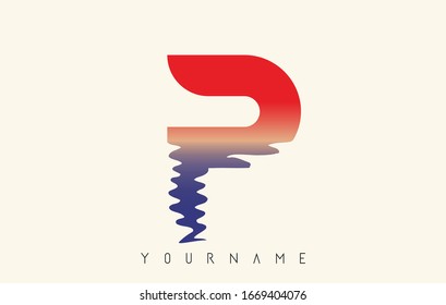 P Letter Logo Design with Water Effect and Sunset Gradient Vector Illustration.