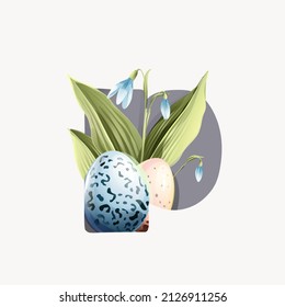 P letter logo with Easter eggs in a natural pattern, lily of the valley leaves, and snowdrop flowers. Perfect for greetings cards, spring birthdays posters, and kindergarten interior design.