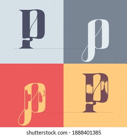 P letter logo with elegant line decoration. Four style serif font set. Vector vintage icon perfect to use in any alcohol labels, glamour posters, luxury identity, etc.