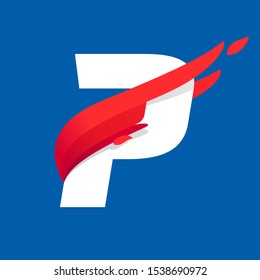 P letter logo with fast speed red bird wing. Typeface, vector design template elements for sport team, shipping, travel etc.