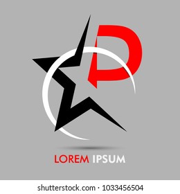 P letter logo font red with black star and white ring isolated on gray background. Vector design template elements for your application or company identity.