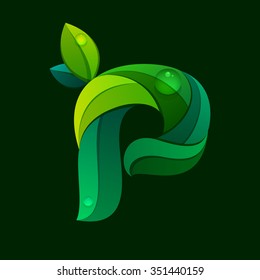 P letter logo formed by green leaves. Font style, vector design template elements for your application or corporate identity.