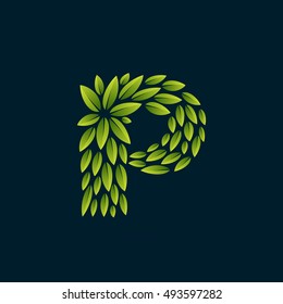 P letter logo formed by fresh green leaves. Vector ecology elements for banner, presentation, card, labels or posters.