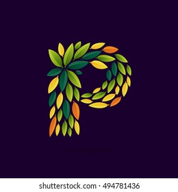 P letter logo formed by green and autumn leaves. Leaf pattern. Vector ecology elements for banner, presentation, card, labels or posters.