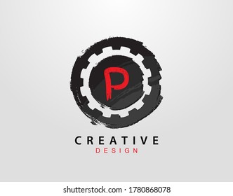 P Letter Logo With Gear and Circle Grunge Element. Retro Gear logo design template.