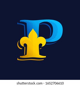P letter logo with gold french lily and hatching shadow. Premium vector serif font for victorian identity, luxury package, retro book, western diploma, etc.