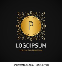 P Letter logo, Golden Monogram design elements, line art logo. Beautiful Boutique Logo Designs, Business sign, Restaurant, Royalty, Cafe, Hotel, Heraldic, Jewelry, Fashion, Wine. Vector illustration