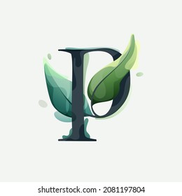 P letter logo with green leaves in clear vector watercolor style. Serif sans font for luxury emblem, botanical identity, ecology projects, wedding invitations.