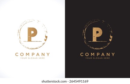 P Letter Logo With Grunge Round Shape. Modern Unique Creative P Logo Design Vector Template. Elegant Identity Design In  Gold Color.