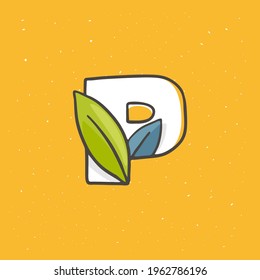 P letter logo hand drawn with a felt-tip pen in soft colors. Line style vector illustration with green leaves for your upcoming eco-friendly and zero waste projects. 