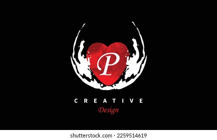 P letter logo in heart shape at red water color on black background Happy Valentines Day Vector abstract design element.