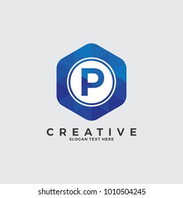 P Letter Logo Illustration Template. With circle on hexagonal shape. Polygonal style.