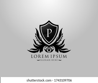 P Letter Logo. Inital P Majestic King Shield Black Design for  Boutique,  Hotel, Photography, Jewelry, Label.