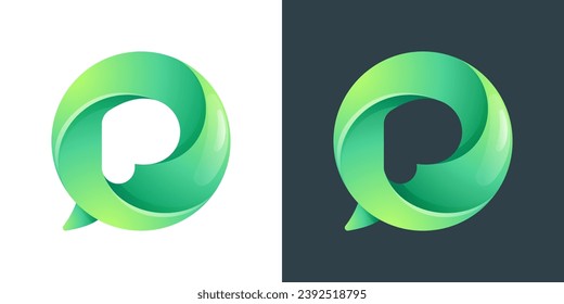 P letter logo inside speech bubble with swirl pattern. Negative space style icon. Colorful gradient emblem for your social media app, call center, online message, feedback icon, telemarketing screen.