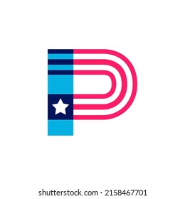 P letter logo made of American Stars and Stripes flag. Vector font for US history and 4th of July celebration in flat style. Perfect for Independence Day cards, invitations, banners.