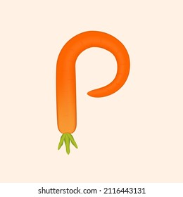 P letter logo made of carrot. Vector hand made organic vegatable font. Useful for vegatable logo, ecology and organic elements, vegan identity etc.