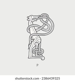 P letter logo. Medieval drop caps monogram. Initials made of spiral Celtic beasts, snake, dragon. Gothic illuminated calligraphy. Middle Ages heraldic ornate capitals. Germanic font for pagan tattoos.