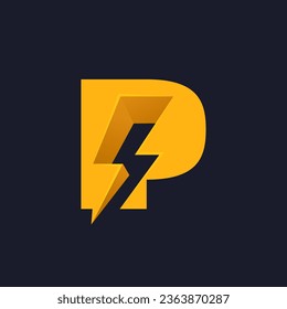 Logo de la letra P con relámpago espacial negativo. Monograma de vector de flash. Icono de perno eléctrico. Tipo perfecto para etiquetas de energía, impresión de camisetas de superhéroes, afiches de música rock, arte de entrega, adv electromóvil.