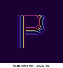 P letter logo in neon light style. Six thin lines colored font. Perfect for casino events posters, vivid emblem, nightlife banner and futuristic identity. 