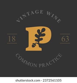 P letter logo with oak leaf and acorn. Negative space style circle emblem template. Vector icon for your ecology identity, royal brand, organic nature symbol, university coat of arms, vintage label.