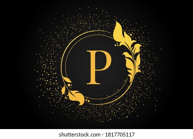 P letter logo on black background. Golden color P letter