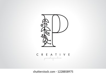 P Letter Logo With Organic Monogram Plant Leafs Detail and Circle Design. Creative Letter Icon Logo.