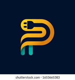 P letter logo with plug cable inside. Vector typeface for electric car identity, technology headlines, charging posters etc.
