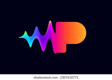 P letter logo with pulse music player element. Vibrant sound wave flow line and glitch effect. Neon gradient icon. Vector template for techno store, electronic music, audio equalizer, DJ posters.