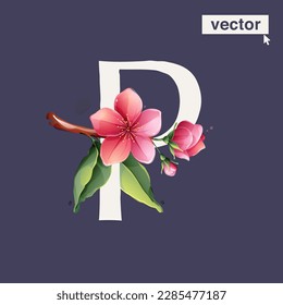 P-Brief-Logo mit Sakura blühenden Blumen. Vektorrealistischer Aquarellstil. Rosa Kirschblätter, Knospen, Ast und grüne Blätter. Ideal für Hochzeitseinladungen, Grußkarten, Muttertagsposter.