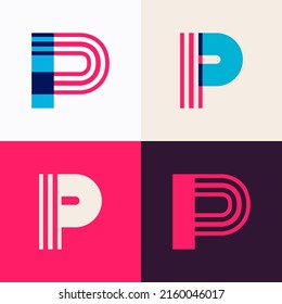 Conjunto de logotipo de letra P hecho de líneas superpuestas. Perfecto para el arte de aplicación, diseño infantil, publicidad vibrante, embalaje de mosaicos, identidad de patrón.