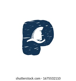 P letter logo with shark's fin. Hand drawn monochrome vintage nautical style. Perfect for clothing labels, apparel print, retro posters etc.