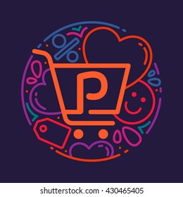 P letter logo with shopping cart icon, hearts and smile.  Vector design element for card, corporate identity, label or poster.