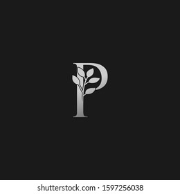 P Letter Logo Silver Classy Vintage  Nature Floral Branch Silhouettes Vector Design Initial Concept.