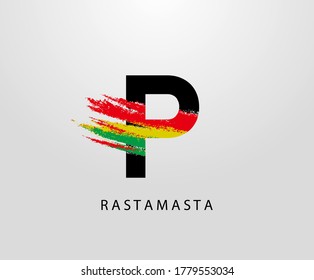 Logotipo de letra P con salpicadura y color rasta. Letra P reggae