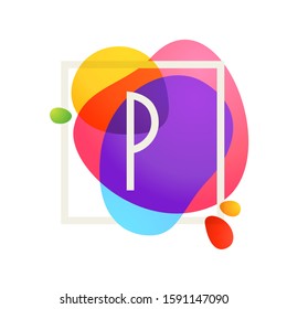 P letter logo in square frame at watercolor splash background. Color overlay style. Vector typeface for labels, headlines, posters, cards etc.