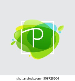 P letter logo in square frame at green watercolor splash background. Green art. Vector ecology typography for your posters, invitations, cards. 